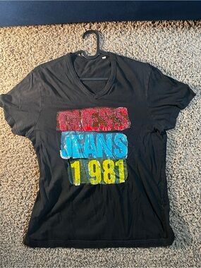 Guess Black V-Neck Tee with Red, Blue & Yellow Graphic